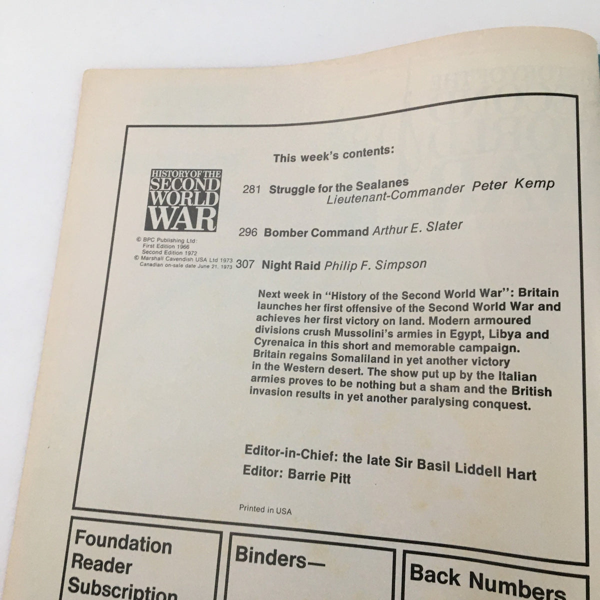 Back cover of 'History of the Second World War Part 11: 1973 Menace at Sea & Bomber Command', displaying the contents section, including articles on naval battles and Bomber Command.