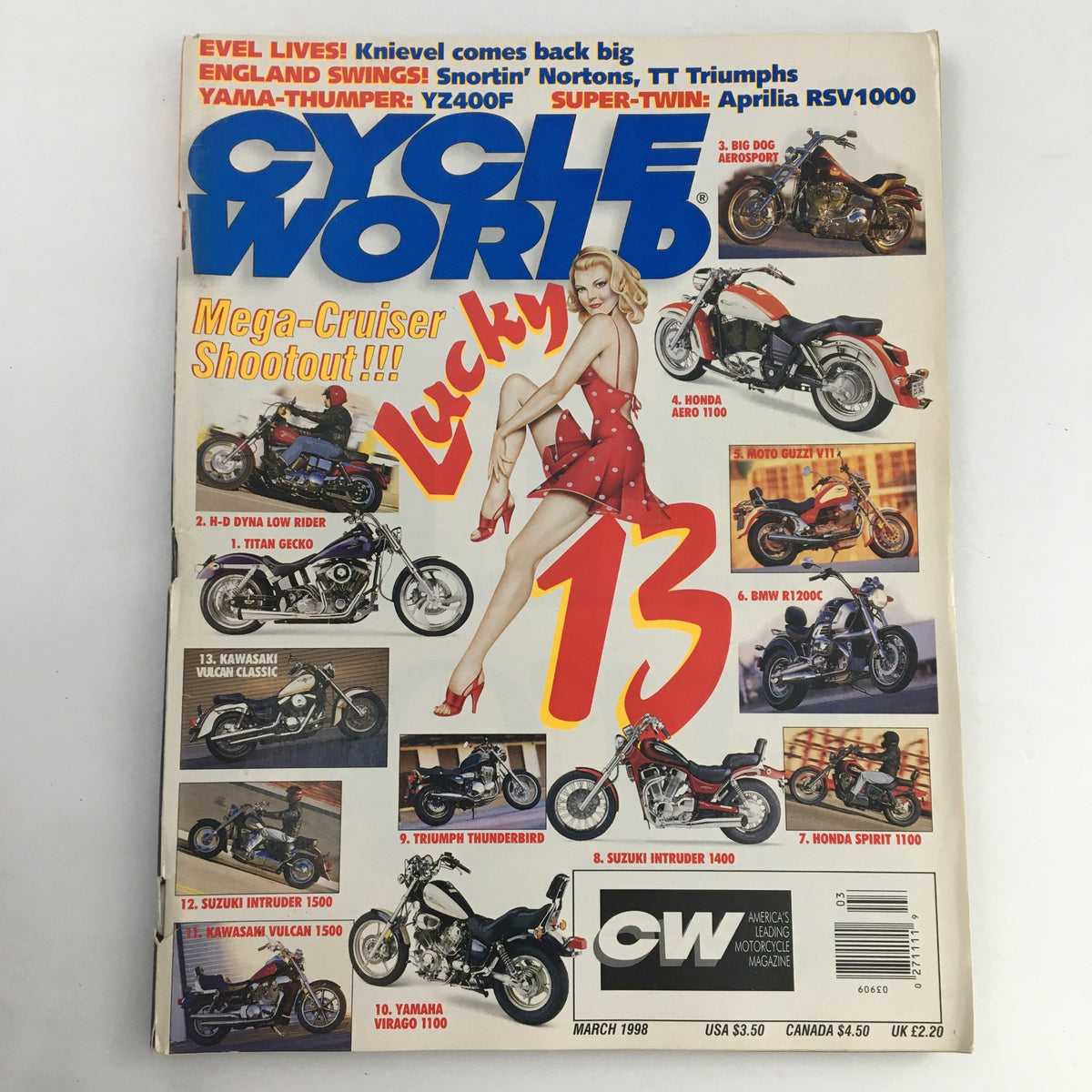 Cycle World Magazine March 1998 cover featuring Titan Gecko, H-D Dyna Low Rider, and Honda 1100 with a vintage illustration and motorcycle models.