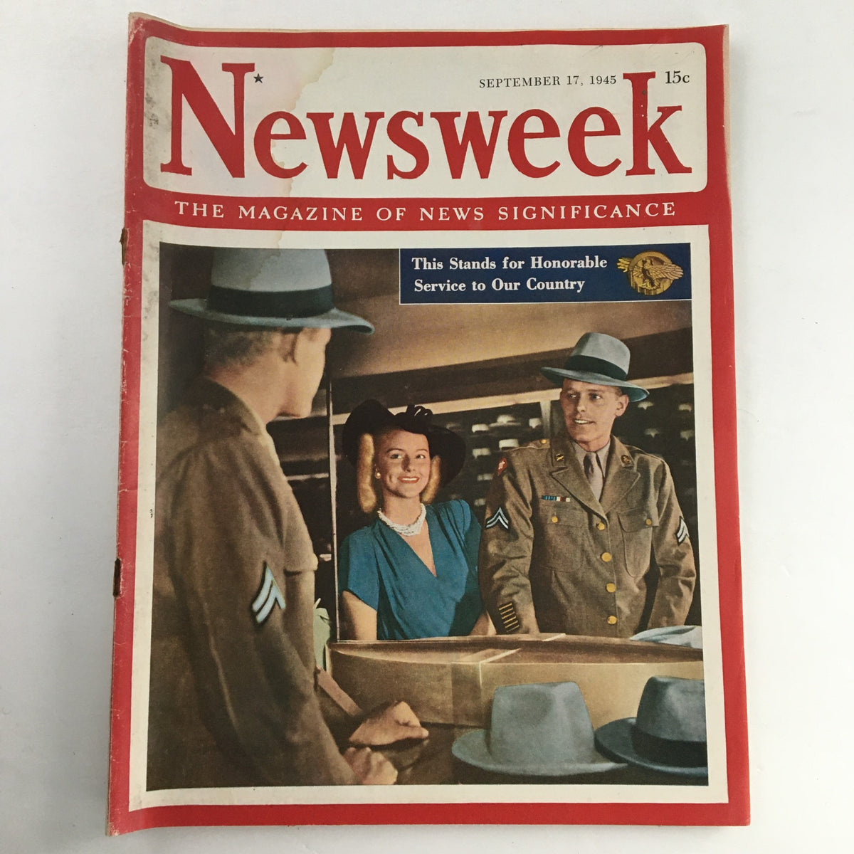 Front cover of Newsweek Magazine from September 17, 1945, featuring a colorful illustration and the title 'Honorable Service To Our Country.' The cover depicts military personnel and a woman in a vintage style.