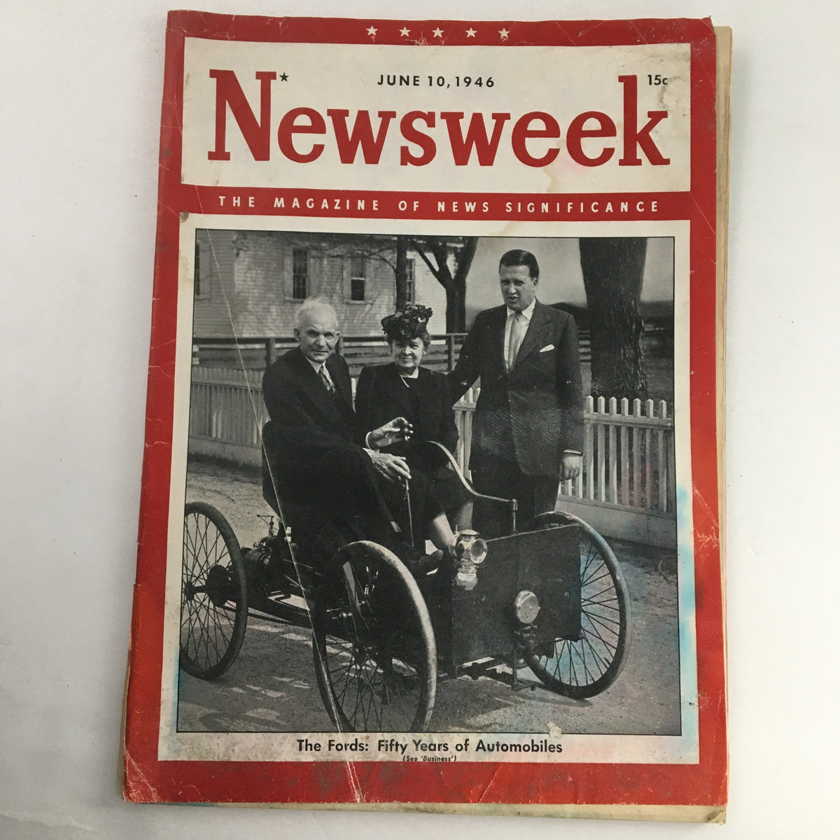 Cover of Newsweek Magazine June 10 1946 featuring The Fords: Fifty Years of Automobiles with a historic photograph of individuals in a vintage vehicle.