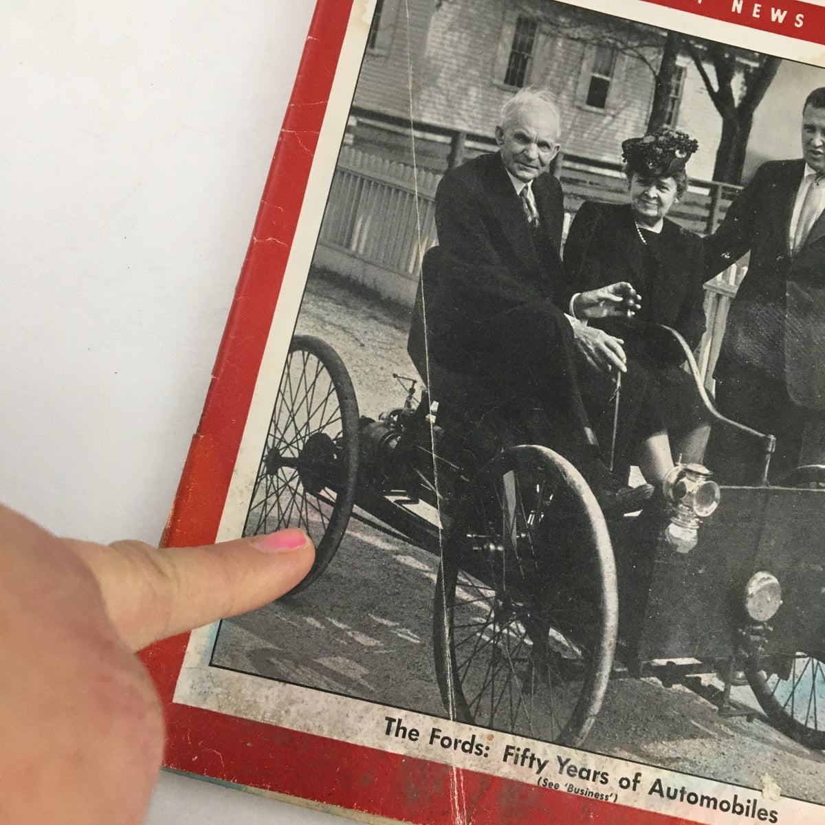 Close-up of Newsweek Magazine cover from June 10 1946 showcasing The Fords: Fifty Years of Automobiles highlighting details of a vintage automobile.