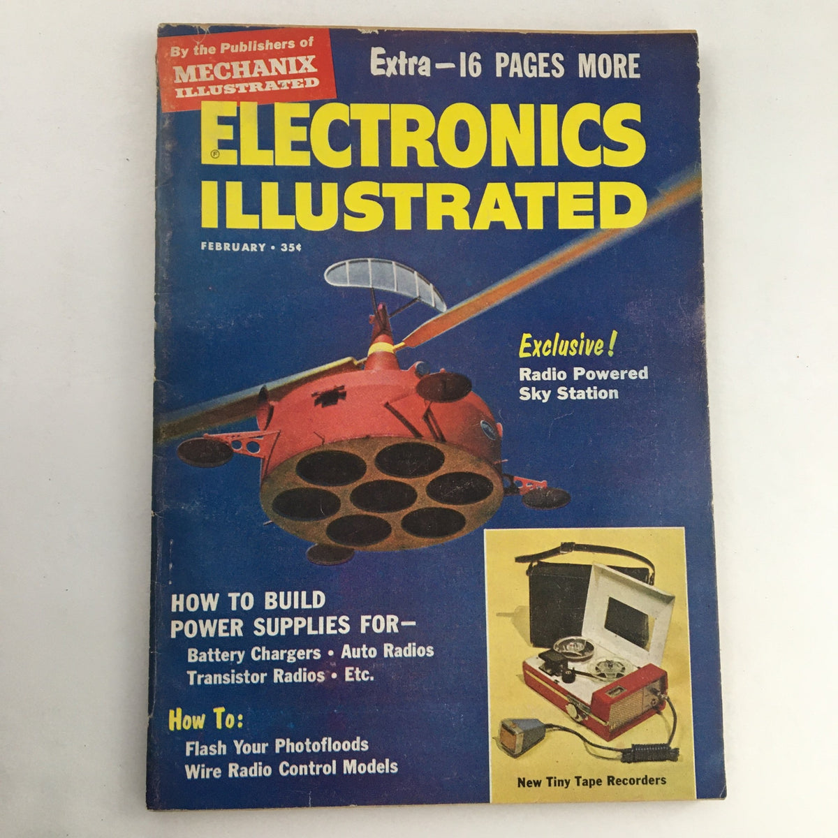 Cover of Electronics Illustrated Magazine February 1960 featuring the Radio Powered Sky Station and showcasing articles on building power supplies and radio control models.