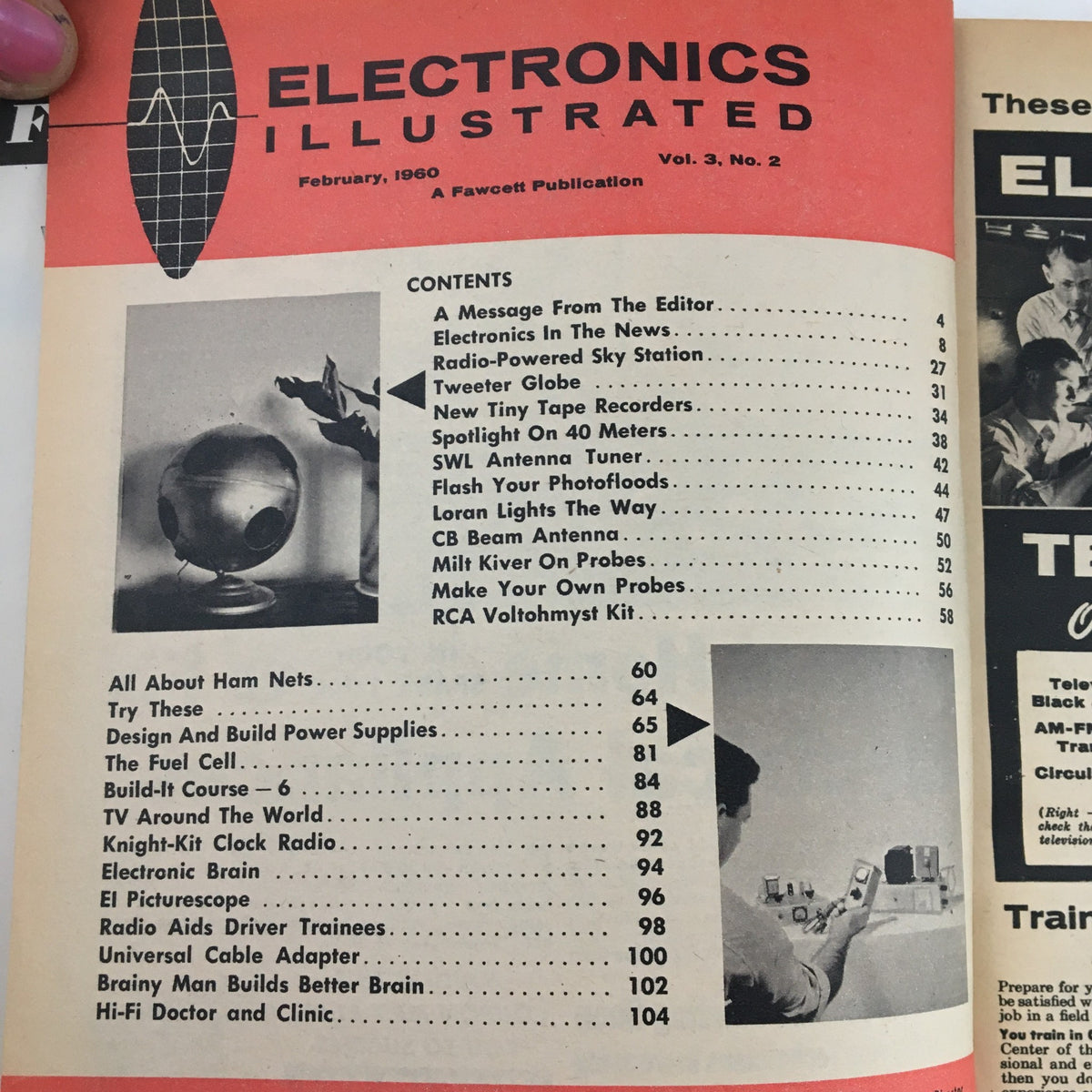 Contents page of Electronics Illustrated Magazine February 1960, detailing featured articles including Radio Powered Sky Station and new tiny tape recorders.