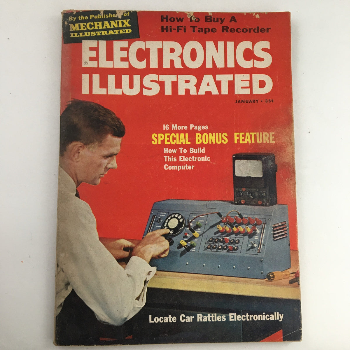 Cover of Electronics Illustrated Magazine January 1960 featuring an article on locating car rattles electronically, showcasing a man working with electronic equipment.