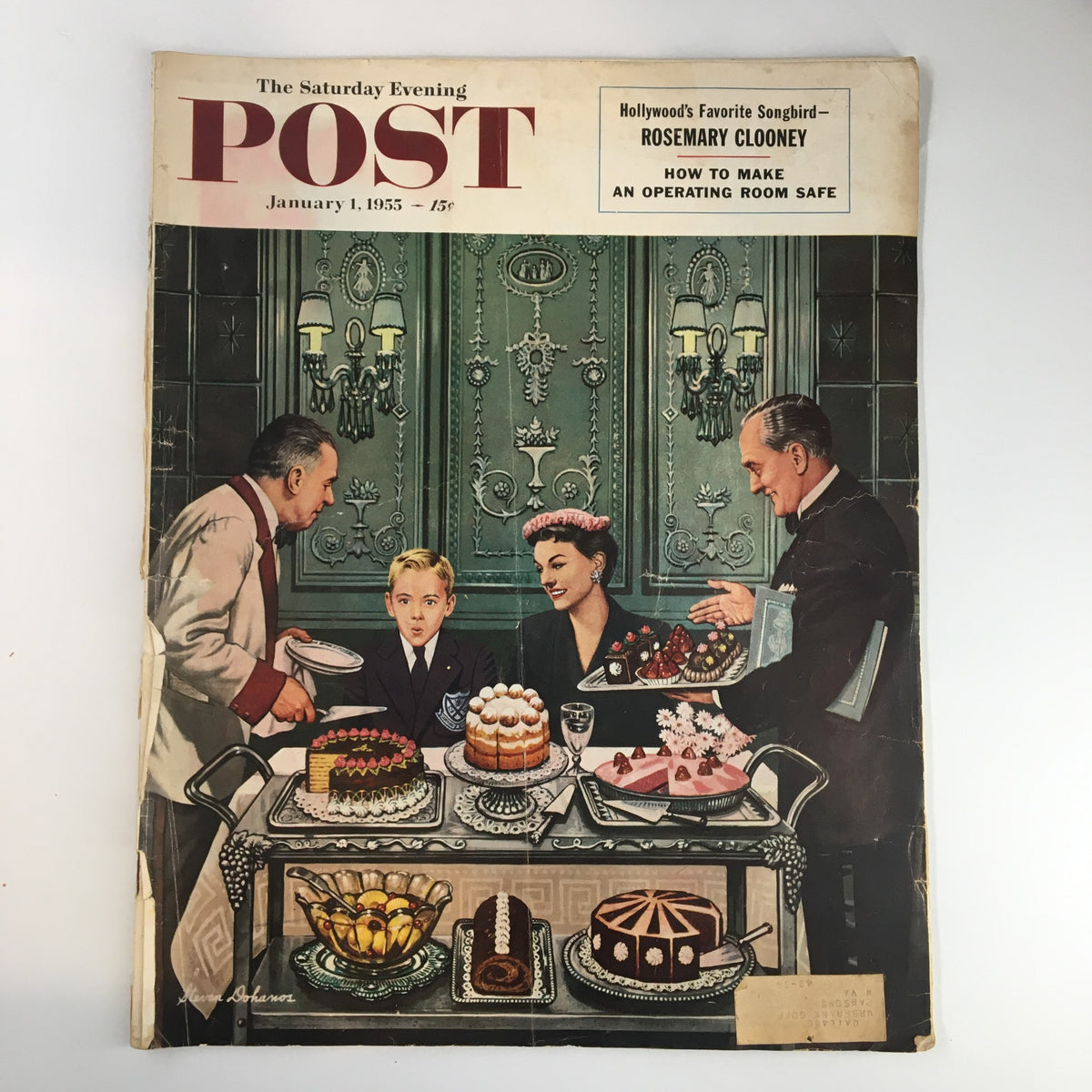Cover of The Saturday Evening Post, January 1, 1955, featuring Hollywood's favorite songbird Rosemary Clooney, depicting a gathering with desserts and elegant decor.