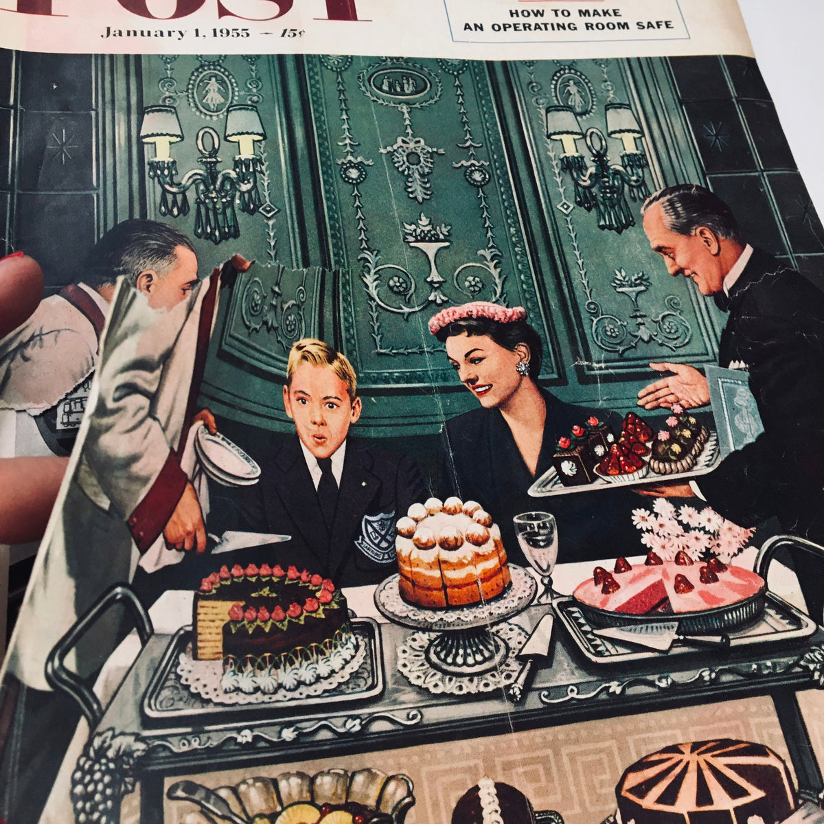 Cover illustration of The Saturday Evening Post January 1 1955, depicting an elegant dining scene with a boy and a woman enjoying desserts with a waiter.