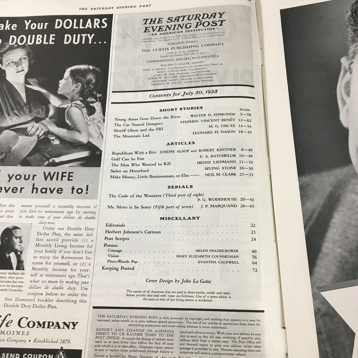 Interior page of The Saturday Evening Post from July 30, 1938 displaying the table of contents, listing various articles and stories including 'Young Ames Goes Down The River' by Walter D. Edmonds.