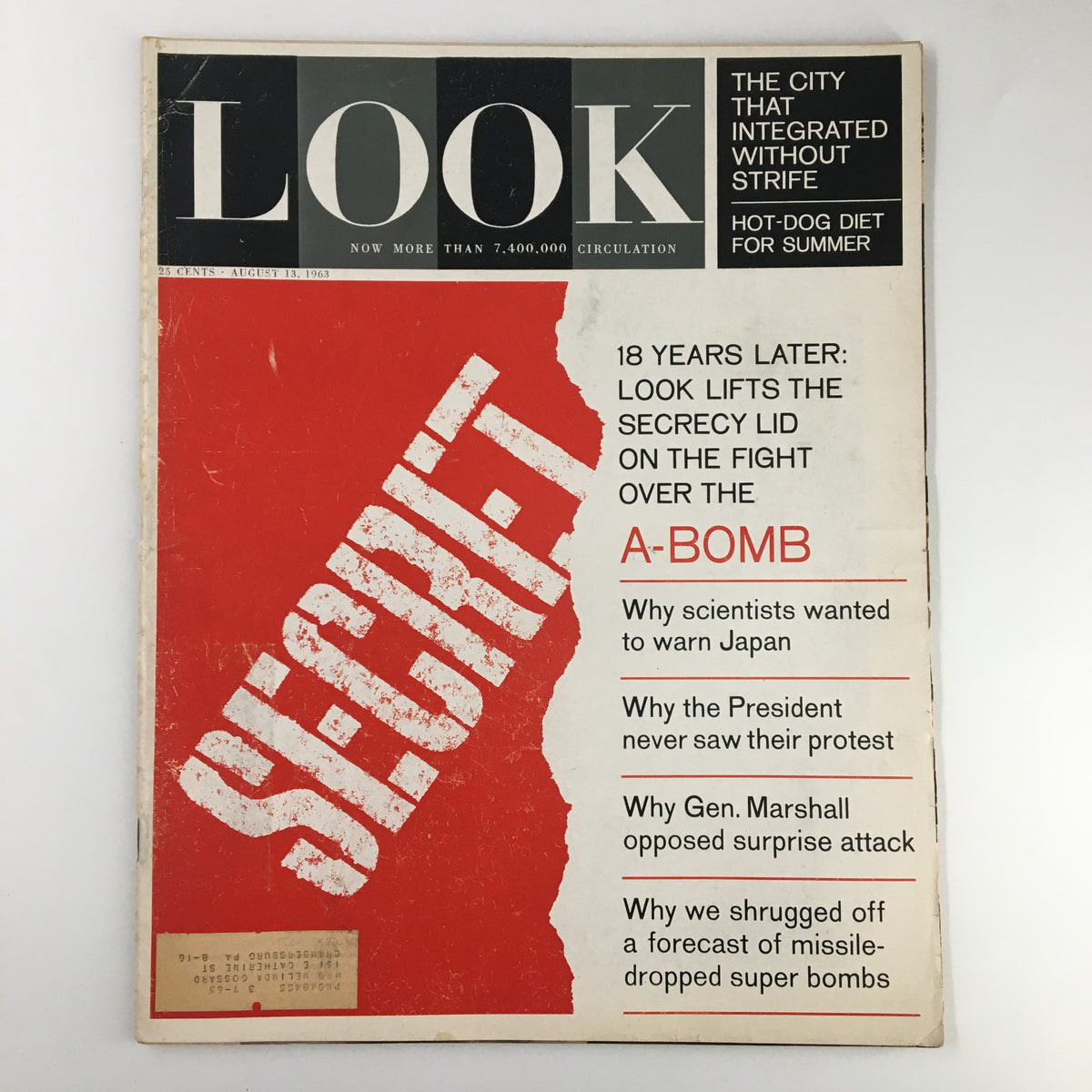 Cover of VTG Look Magazine, August 13, 1963, featuring the article 'Why Scientists Wanted to Warn Japan' along with bold red 'SECRET' text and other key headlines.