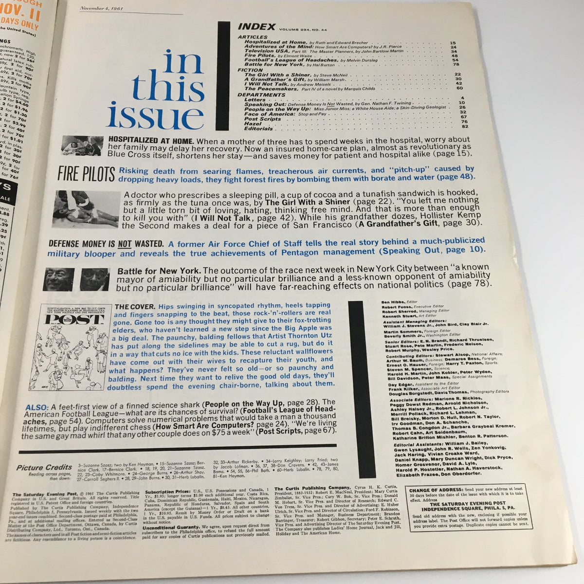 Index page of The Saturday Evening Post, November 4, 1961, featuring articles such as Fire Pilots, Defense Money is Not Wasted, and an overview of the content in that issue.