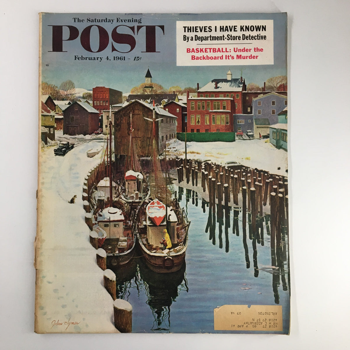 Cover of The Saturday Evening Post February 4 1961 featuring an illustration titled 'Basketball Under the Backboard' with a winter scene and boats on a river