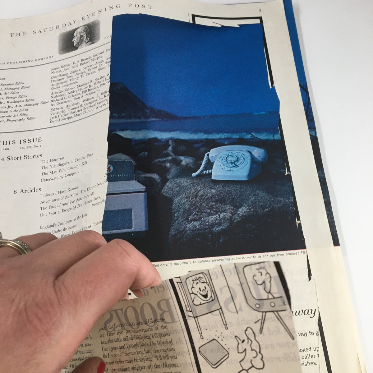 Image of The Saturday Evening Post cover from February 4, 1961, featuring a hand holding the magazine with the iconic illustration titled 'Basketball Under the Backboard,' showcasing the magazine's table of contents and a vintage telephone.