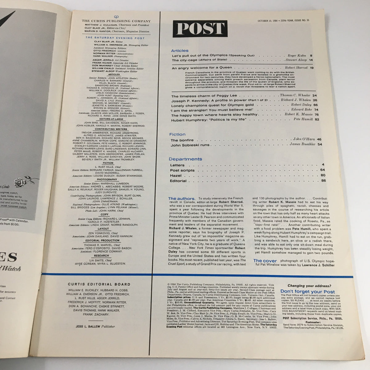 Inside page of The Saturday Evening Post, October 10, 1964, displaying the table of contents and article listings, reflecting the historical significance of the publication.