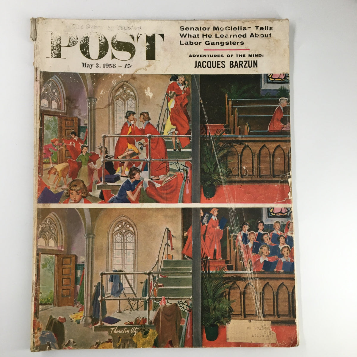 Cover of The Saturday Evening Post May 3 1958 featuring an article by Senator McClellan about labor gangsters, with vibrant illustrations depicting people in colorful clothing.