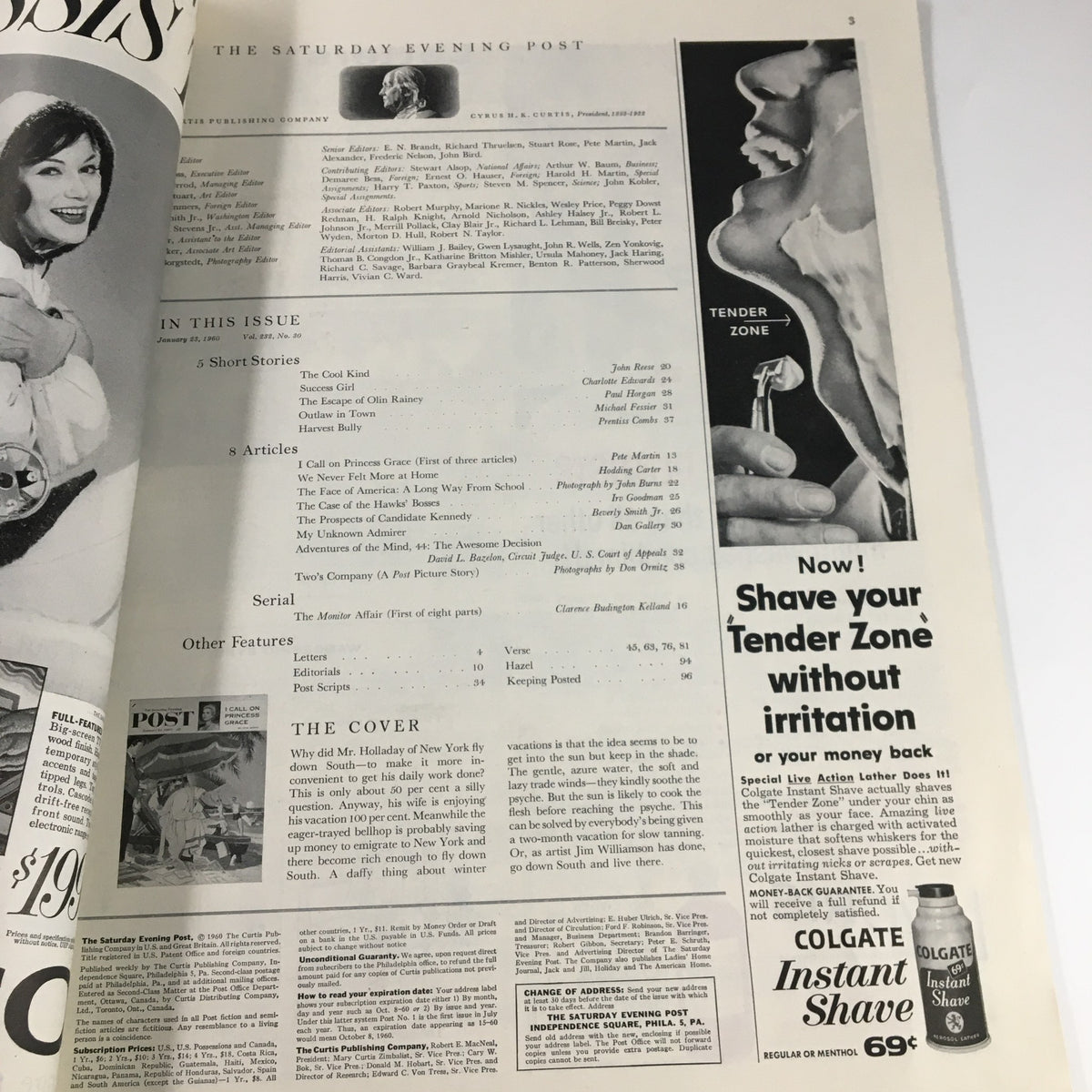 Inside page of The Saturday Evening Post, January 23, 1960, showing table of contents and an advertisement alongside the article 'I Call On Princess Grace' by Pete Martin.