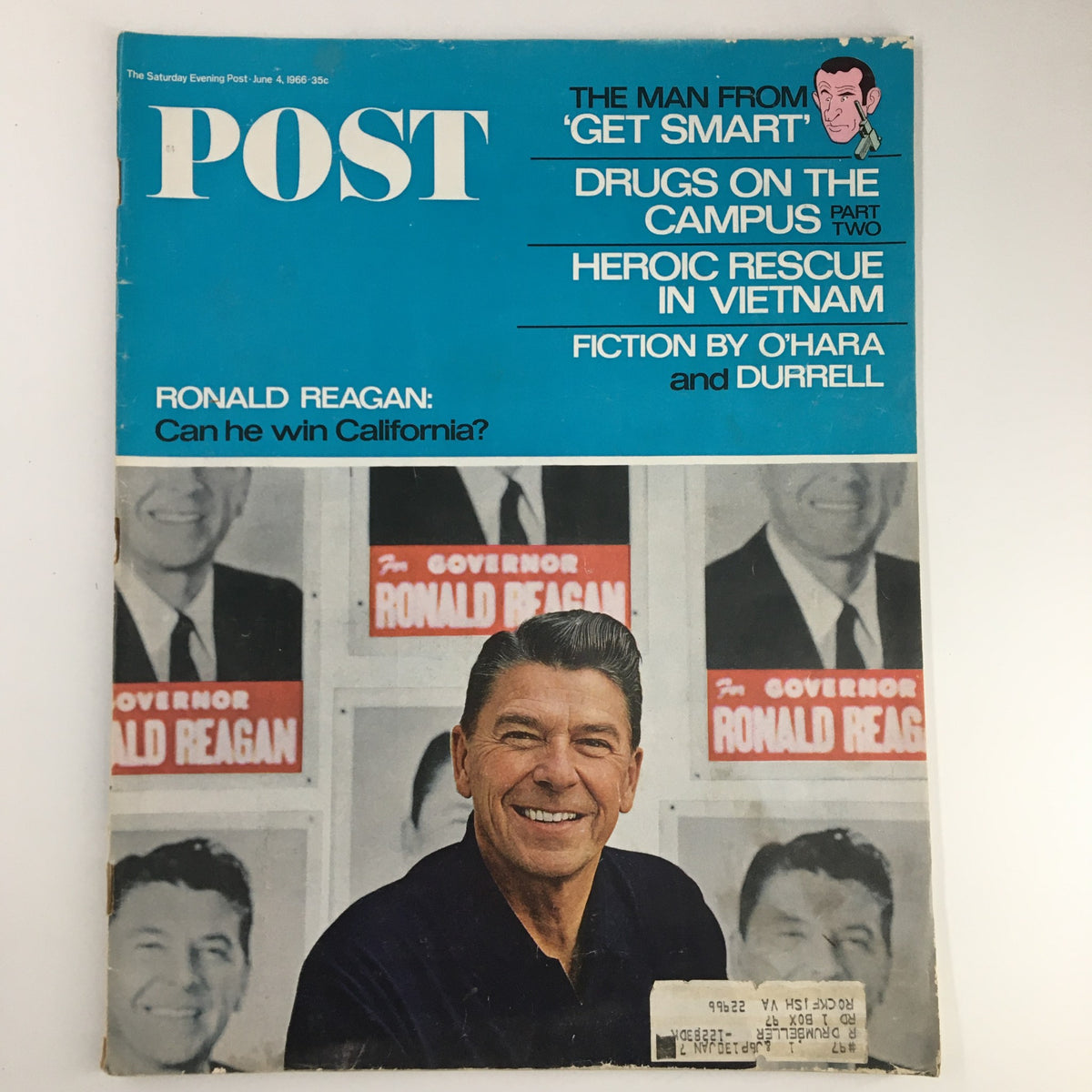 Cover of The Saturday Evening Post June 4 1966 featuring Ronald Reagan's article 'Can He Win California?', showcasing Reagan smiling with campaign images in the background.