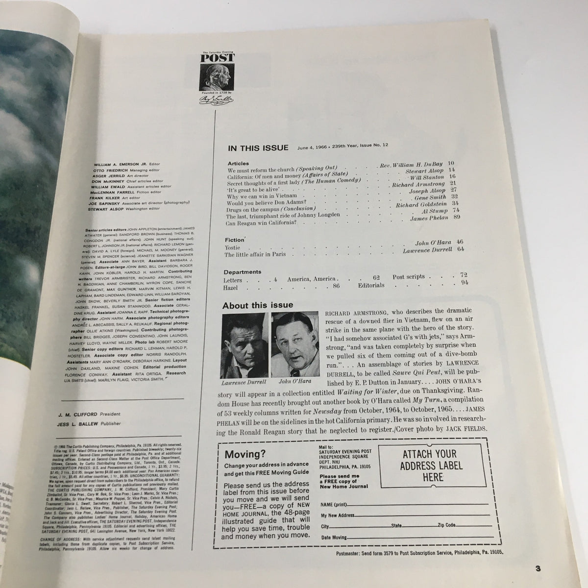 Interior page of The Saturday Evening Post June 4 1966 displaying the issue contents and an article about Ronald Reagan's political significance.