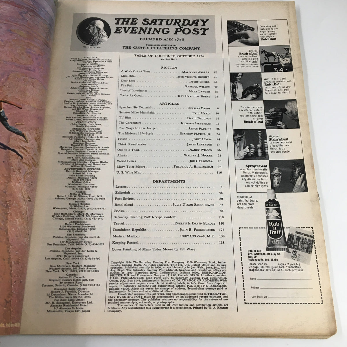 Table of contents from The Saturday Evening Post, October 1974, including features on Mary Tyler Moore and various articles reflecting 1970s culture.