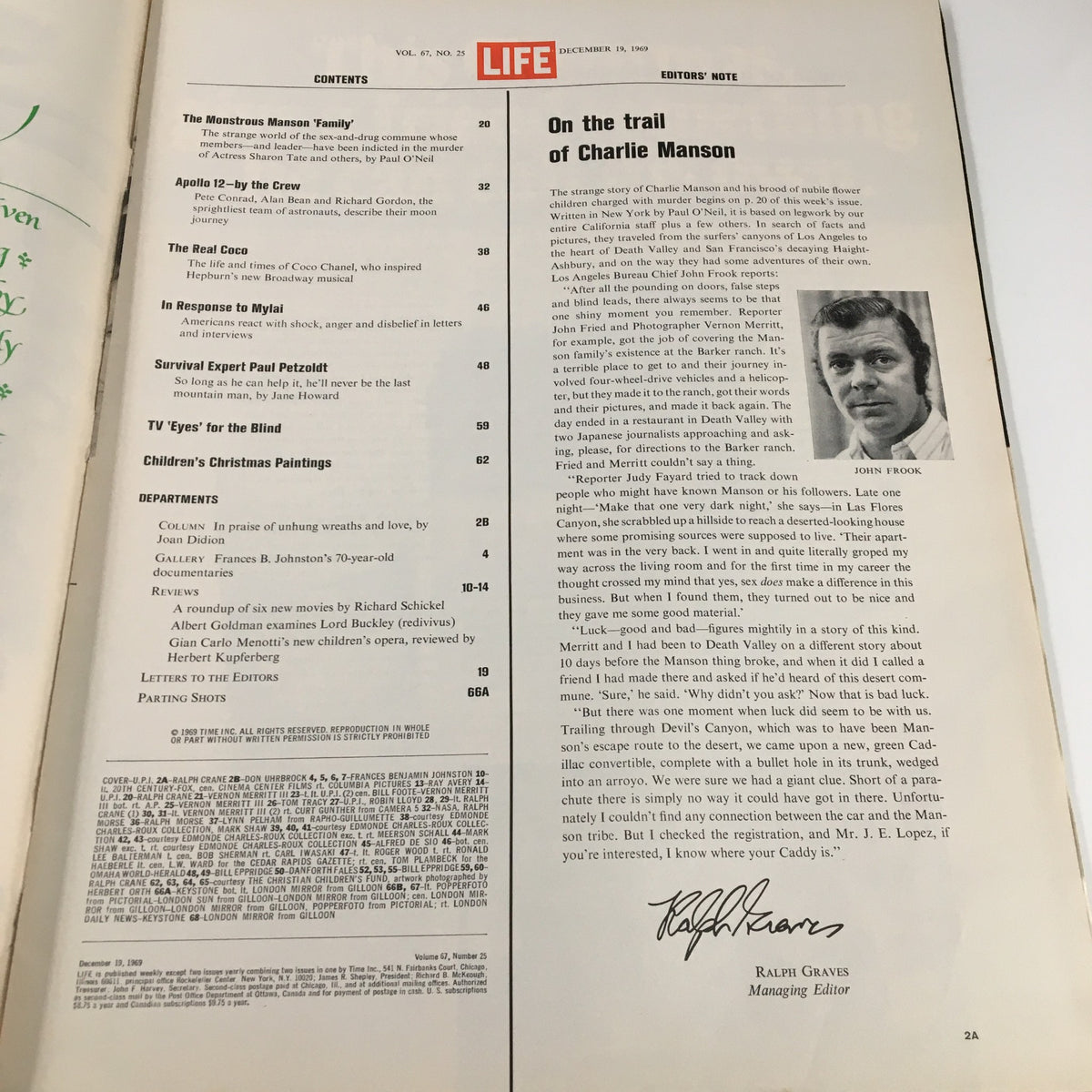 Contents page of VTG Life Magazine December 19, 1969 featuring an article on Charlie Manson and other cultural topics, highlighting the magazine's exploration of the era's significant events.