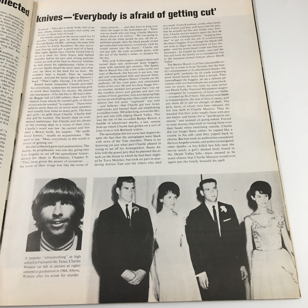 Page from VTG Life Magazine December 19, 1969, featuring Charles Watson and a group shot highlighting aspects of the Manson family's dynamics and involvement.