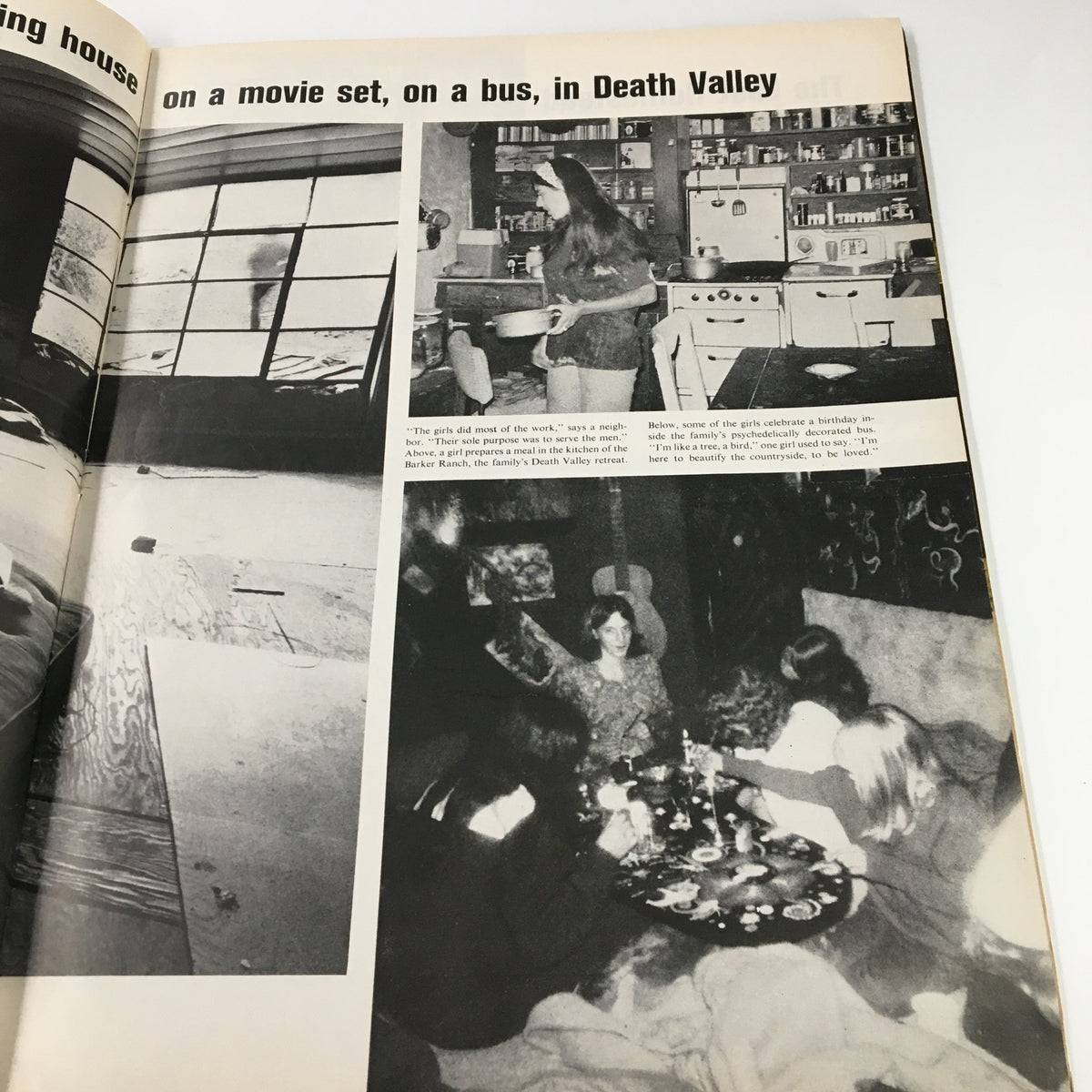 Images from VTG Life Magazine December 19, 1969, revealing the activities and daily life of the Manson family, including their interactions and workspace.