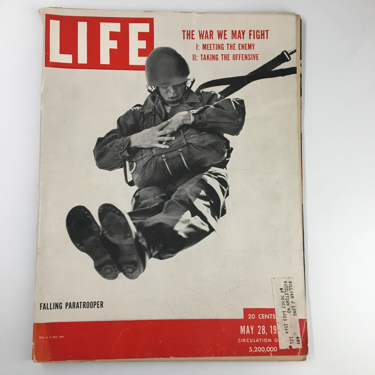 Cover of VTG Life Magazine May 28 1951 featuring a falling paratrooper with bold title 'THE WAR WE MAY FIGHT', showcasing military themes and vintage appeal.