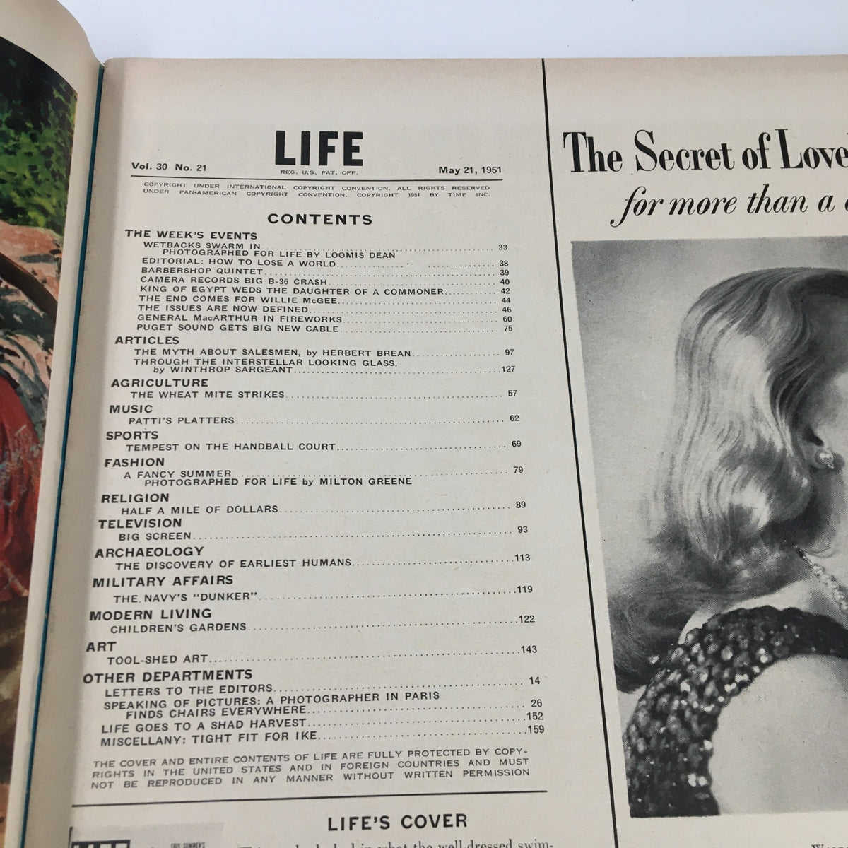 Interior page of VTG Life Magazine May 21 1951 featuring the table of contents, including articles on events, fashion, and more, showcasing the magazine's vintage appeal.