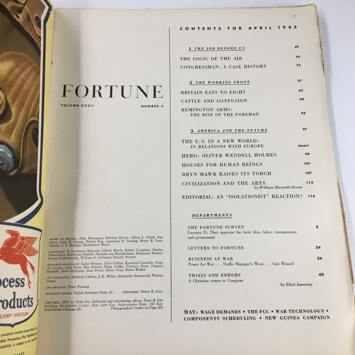 Contents page of VTG Fortune Magazine April 1943, showcasing articles including 'Hero: Oliver Wendell Holmes' and a detailed table of contents.