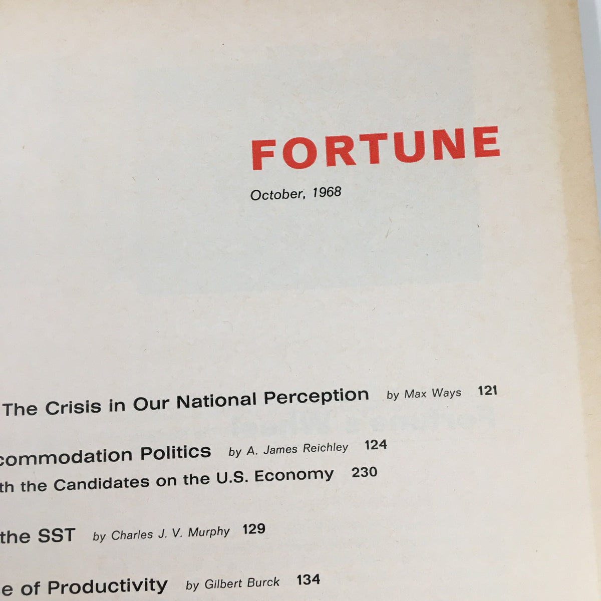 Another inside page from the October 1968 issue of VTG Fortune Magazine, highlighting article titles such as 'The Crisis in Our National Perception' and 'Accommodation Politics'.
