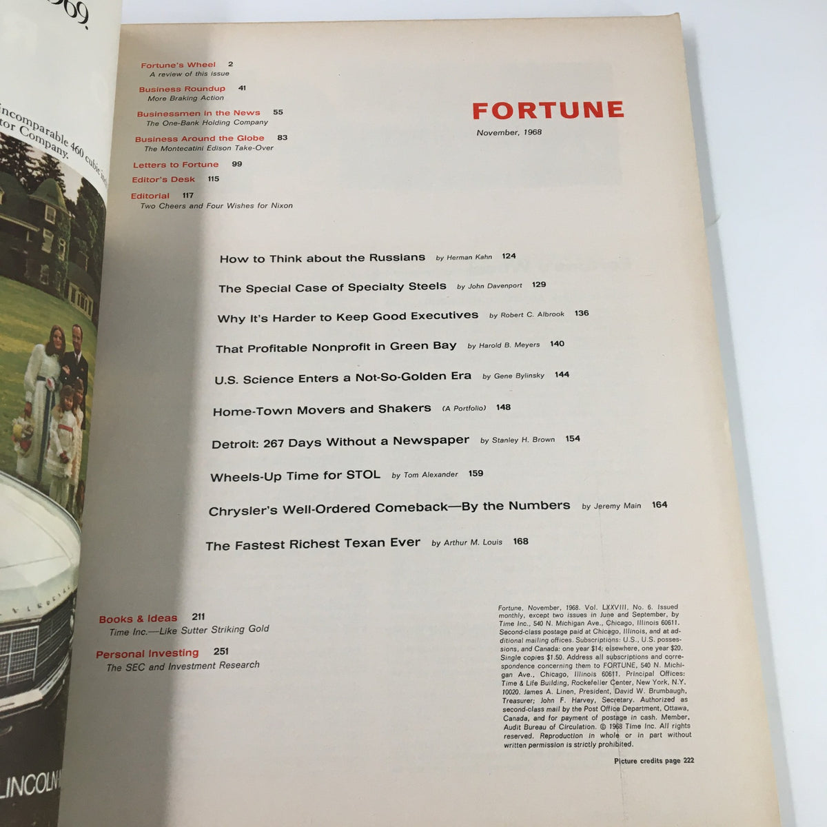 Inside view of the VTG Fortune Magazine November 1968, displaying the table of contents and the feature article on specialty steels.