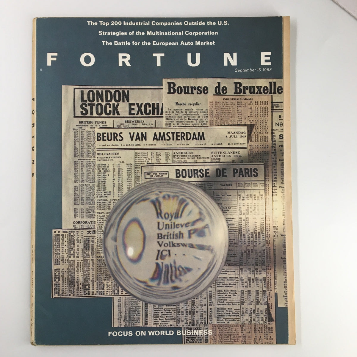 Cover of VTG Fortune Magazine September 15 1968 featuring global stock exchange highlights, with articles on multinational corporations and the European auto market.