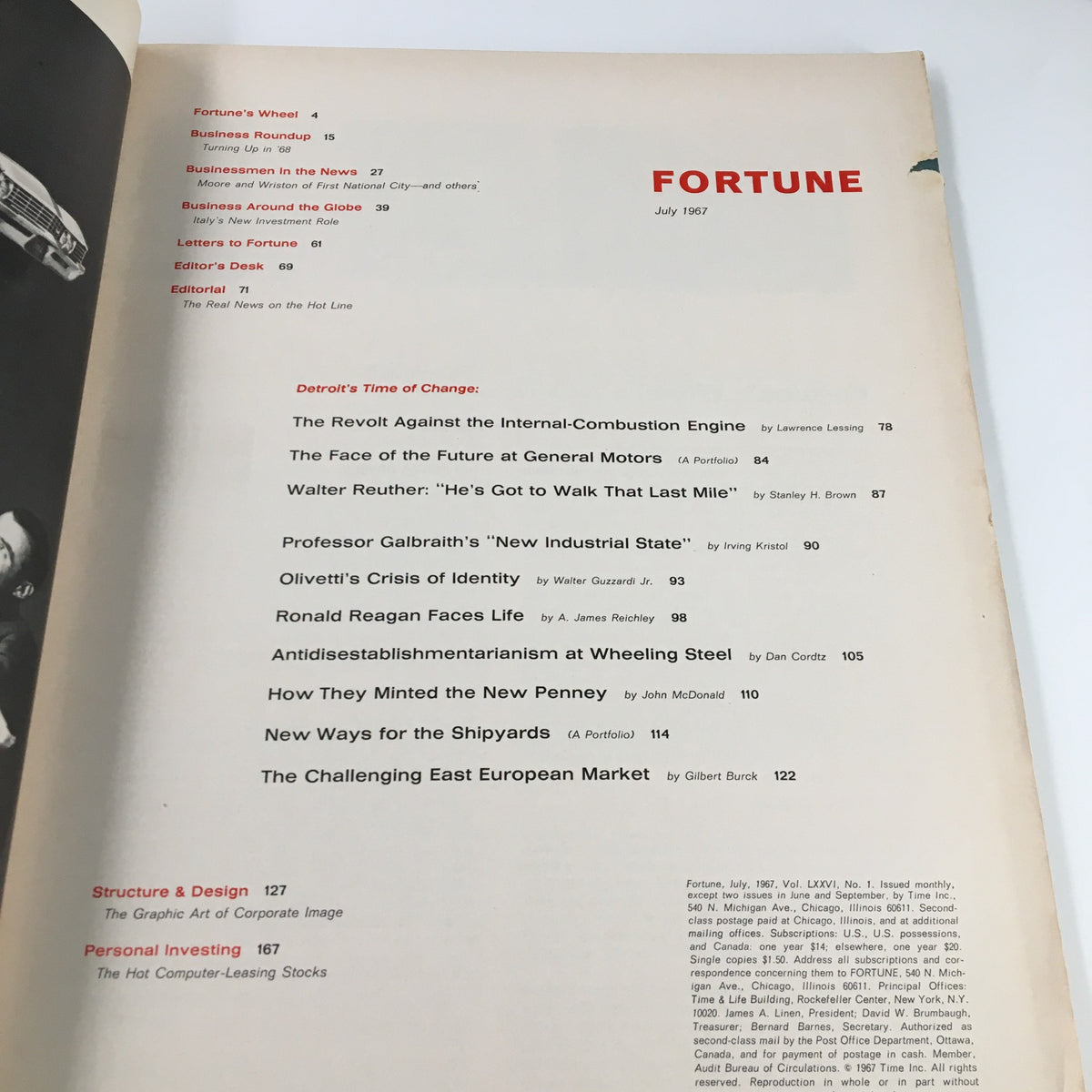 Interior page of VTG Fortune Magazine July 1967 displaying the table of contents, highlighting articles including 'Ronald Reagan Faces Life'.