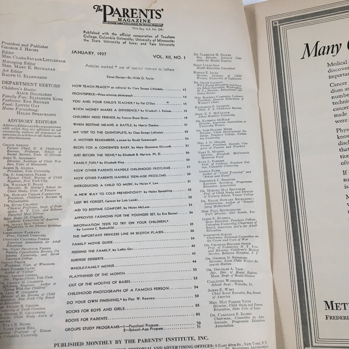 Inside page of VTG Parents' Magazine January 1937 displaying the table of contents. This page outlines various articles, including 'My Visit To The Quintuplets,' reflecting early 20th-century parenting insights.