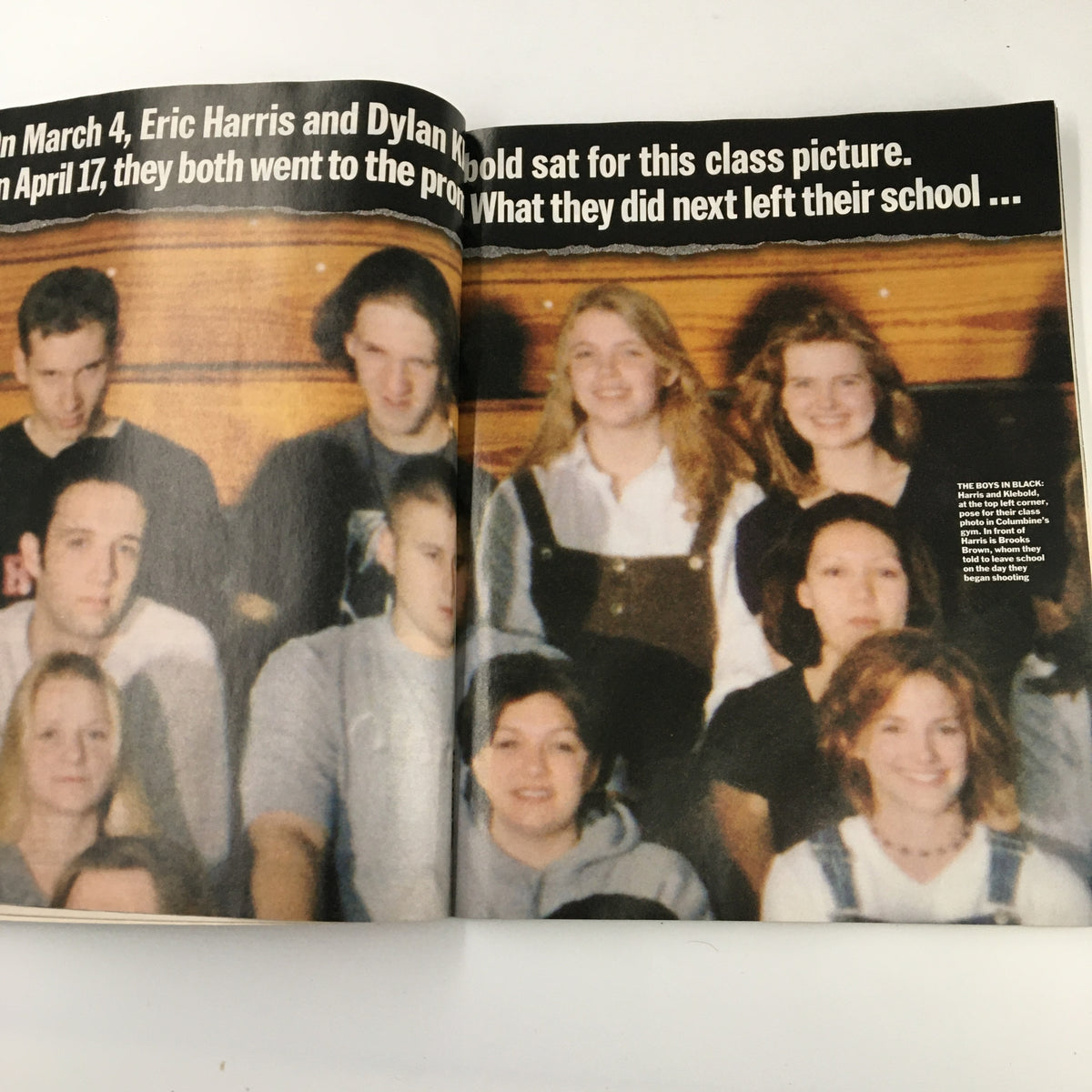 Inside page of Time Magazine May 3, 1999 showing a class picture of Eric Harris and Dylan Klebold with the caption about the events following their prom.