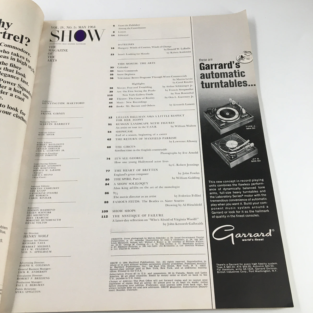 Interior page of VTG Show Magazine May 1964 displaying the table of contents, showcasing various articles and highlights from the magazine.