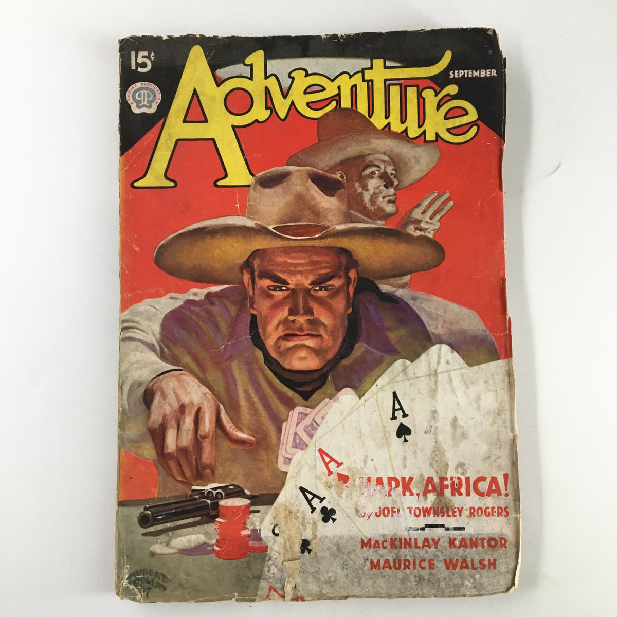 Cover of VTG Adventure Magazine September 1937 featuring the novelette 'Hark Africa,' showcasing a compelling illustration of a cowboy and cards.
