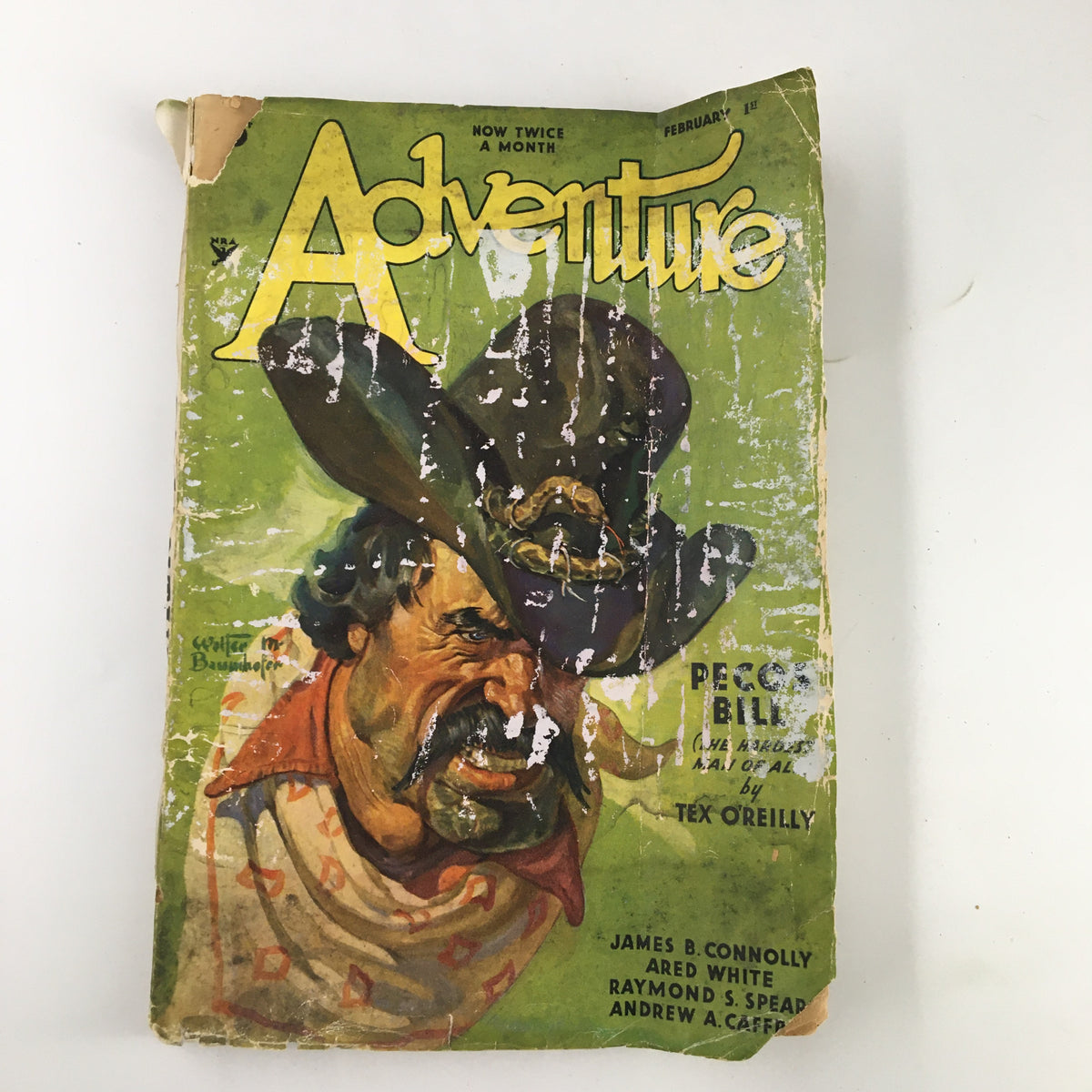 Vintage Adventure Magazine cover from February 1, 1935 featuring artwork of a character named Pecos Bill, highlighting the title 'VTG Adventure Magazine February 1 1935 Bristol, The Blunderer Novelette No Label.'