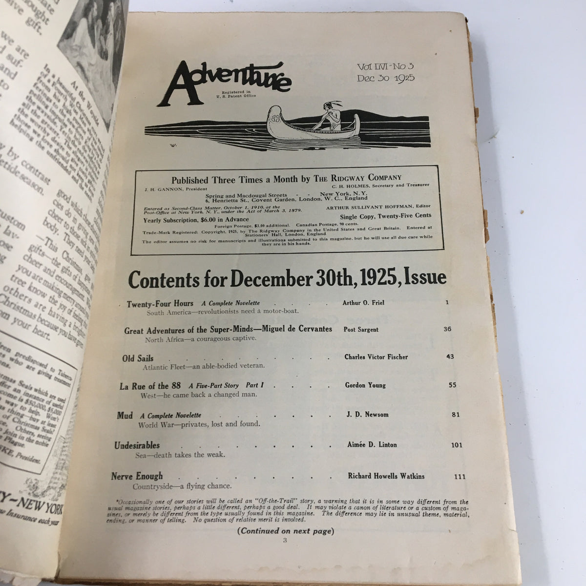 Inside page of Adventure Magazine, December 30, 1925, displaying the contents and articles featured in this issue.