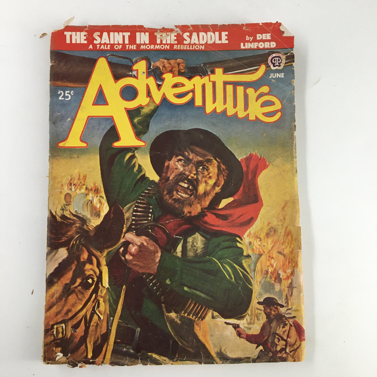 Cover of VTG Adventure Magazine June 1948 featuring the title 'Jackal Song' with artwork depicting a dramatic scene of a man on horseback holding a rifle.