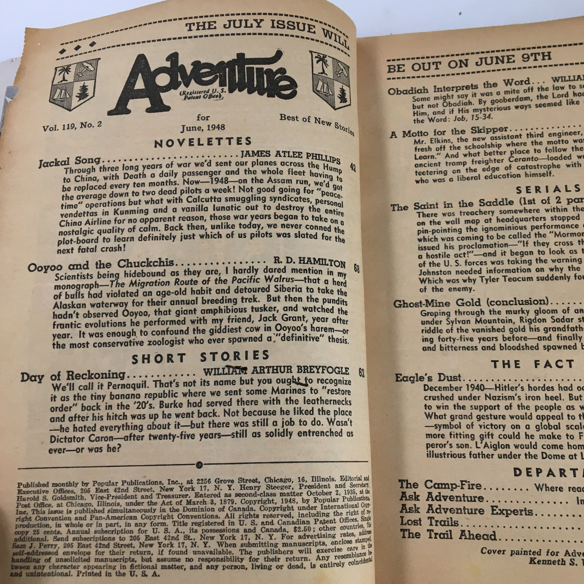 Interior page of VTG Adventure Magazine June 1948 displaying the contents list including 'Jackal Song' and other stories, emphasizing its historical context.