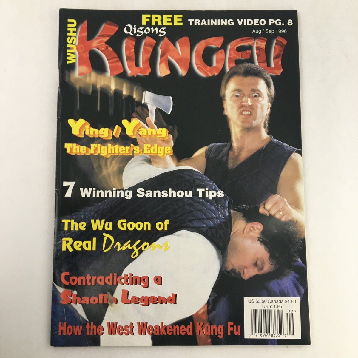 Cover of Qigong Wushu Kung Fu Magazine August September 1996 featuring dynamic martial arts imagery, headlines about fighter techniques, and Grandmaster Philip Holder.