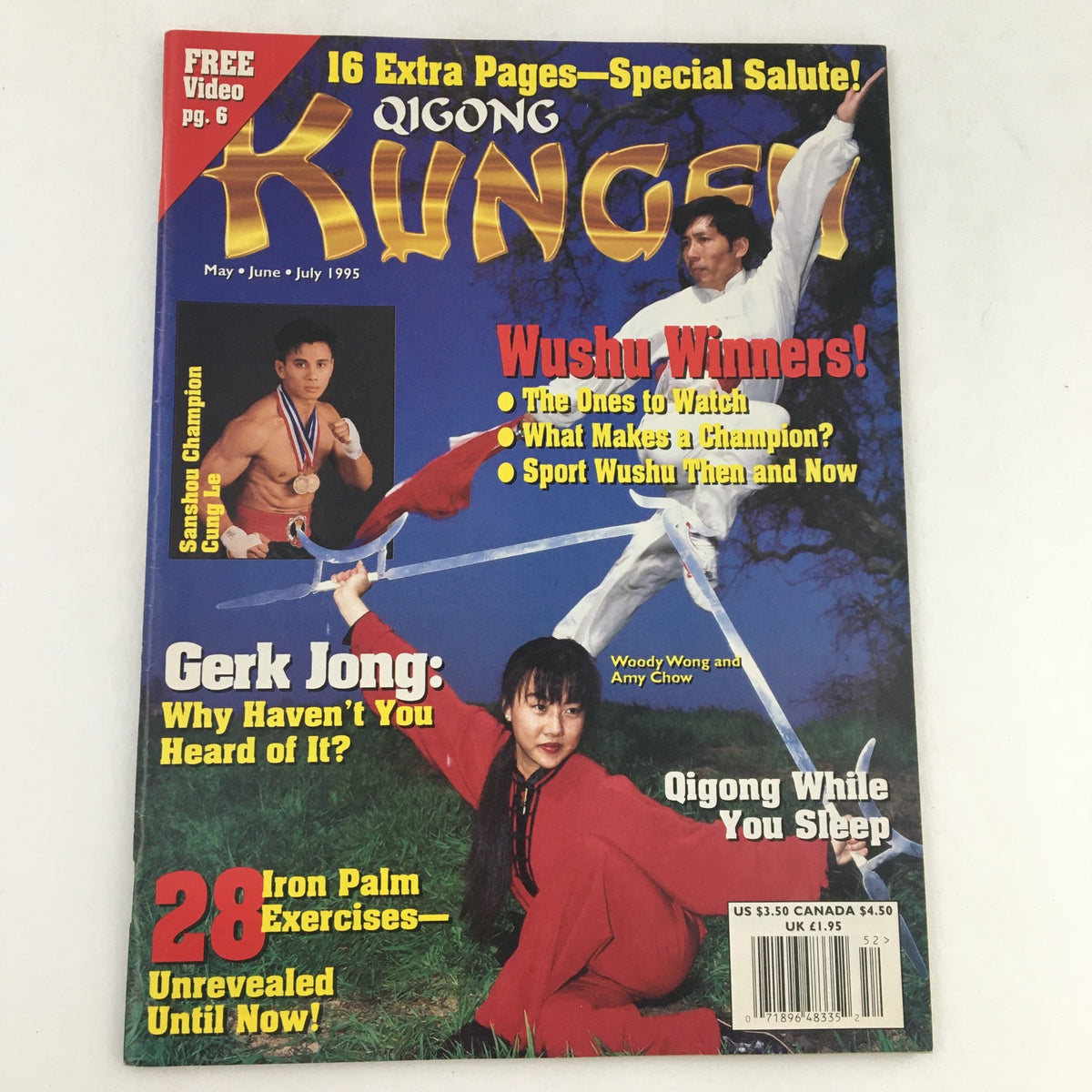 Cover of Qigong Wushu Kung Fu Magazine May-July 1995 featuring Wushu champions and articles by Woody Wong and Amy Chow.