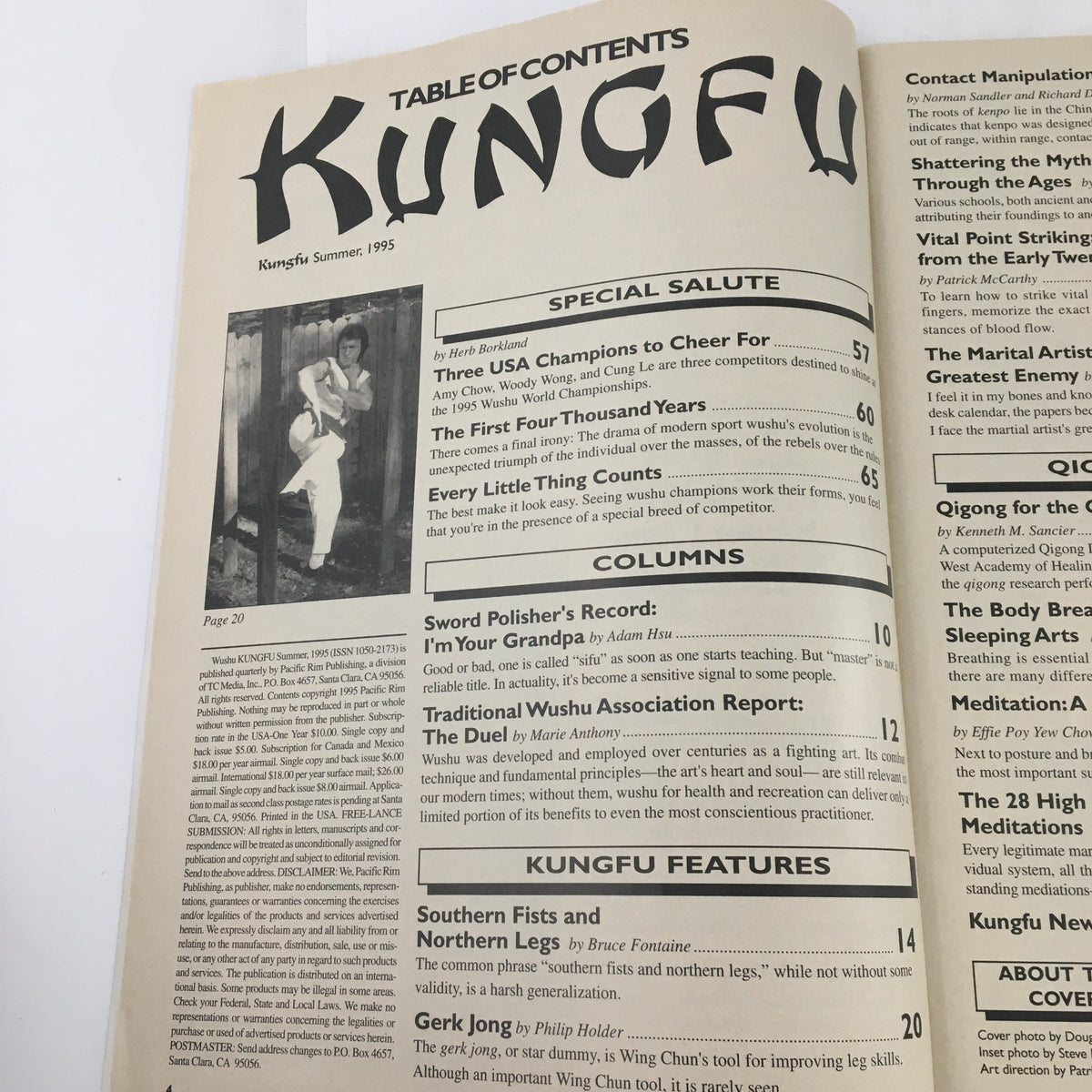 Table of contents from Qigong Wushu Kung Fu Magazine May-July 1995 highlighting various martial arts topics and champions Woody Wong and Amy Chow.