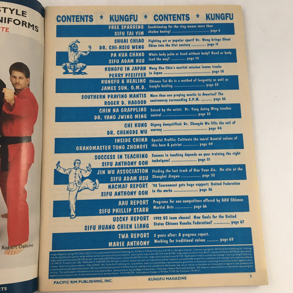 Contents page of Wushu Kung Fu Magazine Spring 1993, detailing featured articles including SIFU Tai Yim on free sparring and other martial arts topics, emphasizing the magazine's focus on martial arts culture and techniques.