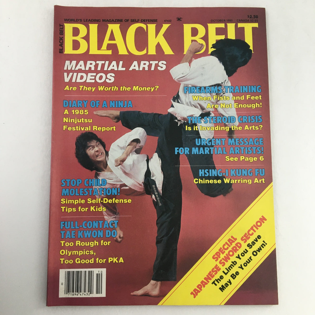 Cover of Black Belt Magazine October 1985 featuring articles on martial arts, self-defense tips for kids, and various martial arts topics with an eye-catching red and yellow design.
