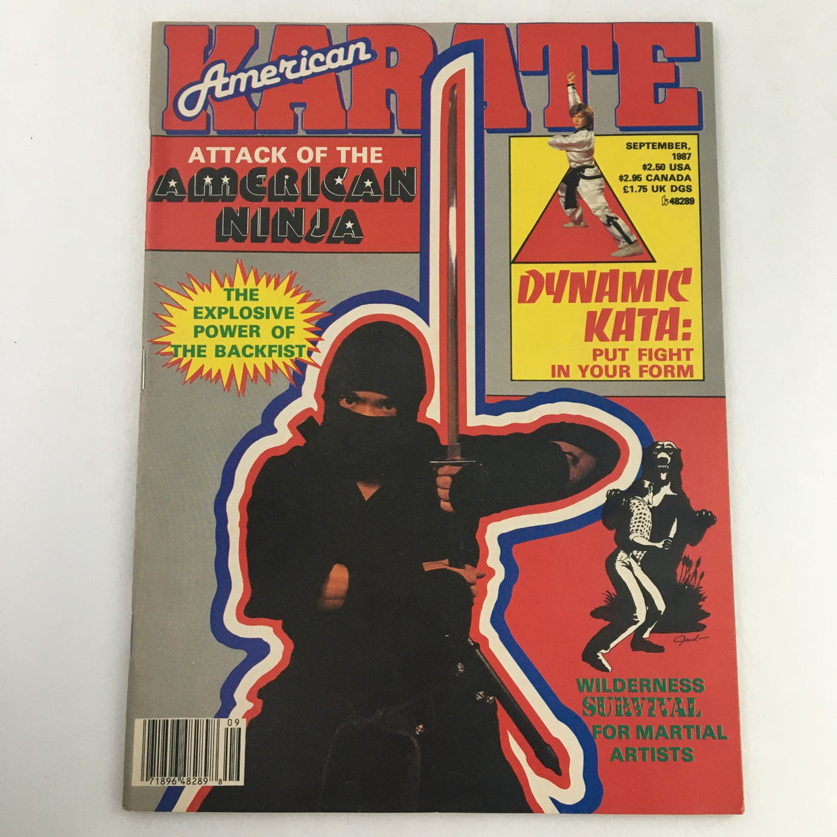 American Karate Magazine September 1987 cover featuring the theme 'Attack of the American Ninja' with a ninja character and a martial artist demonstrating dynamic kata.