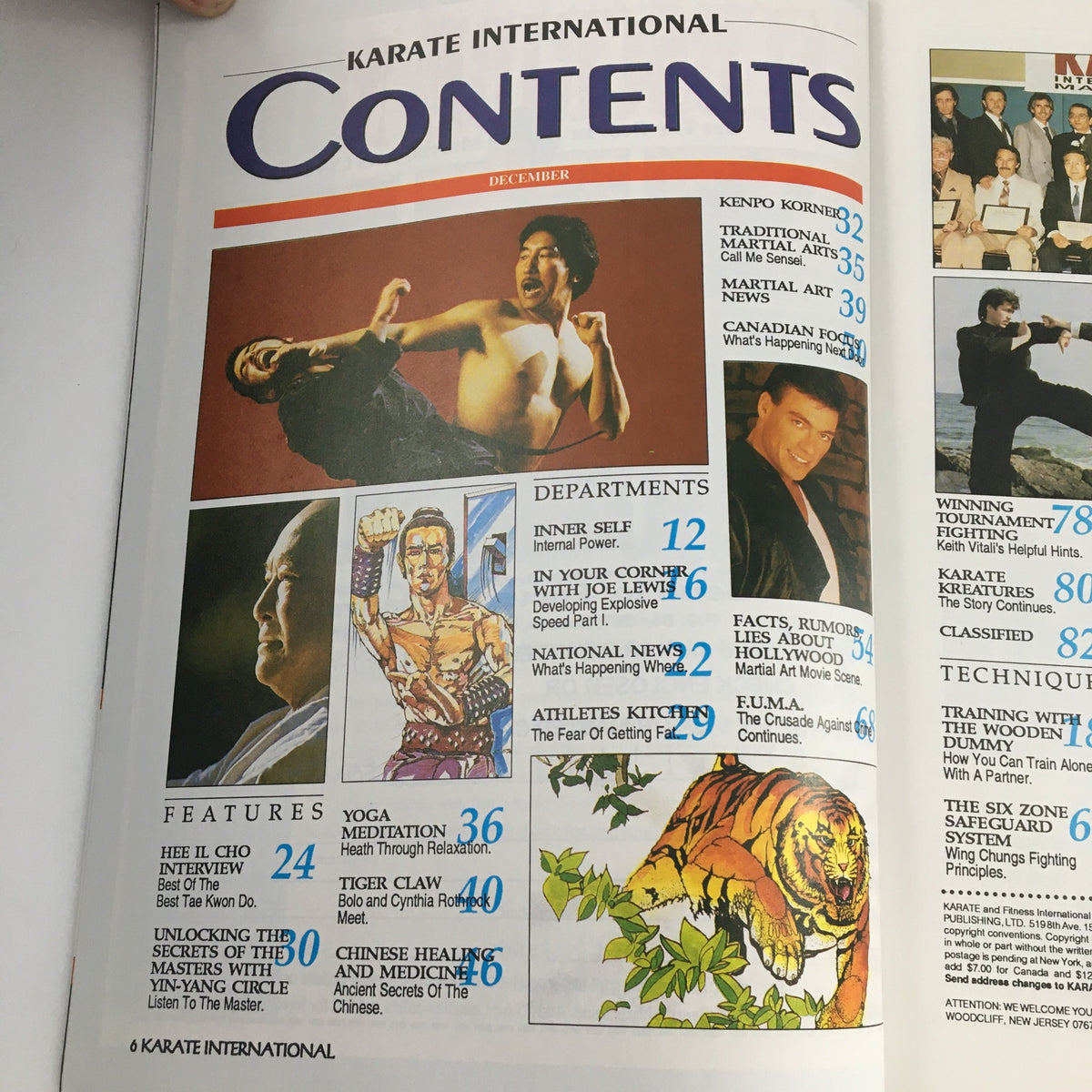 Contents page of Karate International Magazine Vol 1 #12 December 1991 showcasing various articles and features including HEE IL CHO interview and yoga meditation.
