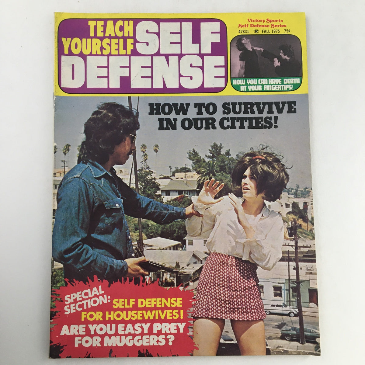 Teach Yourself Self Defense Magazine Fall 1975 cover featuring a self-defense scenario, emphasizes self-defense techniques for housewives.