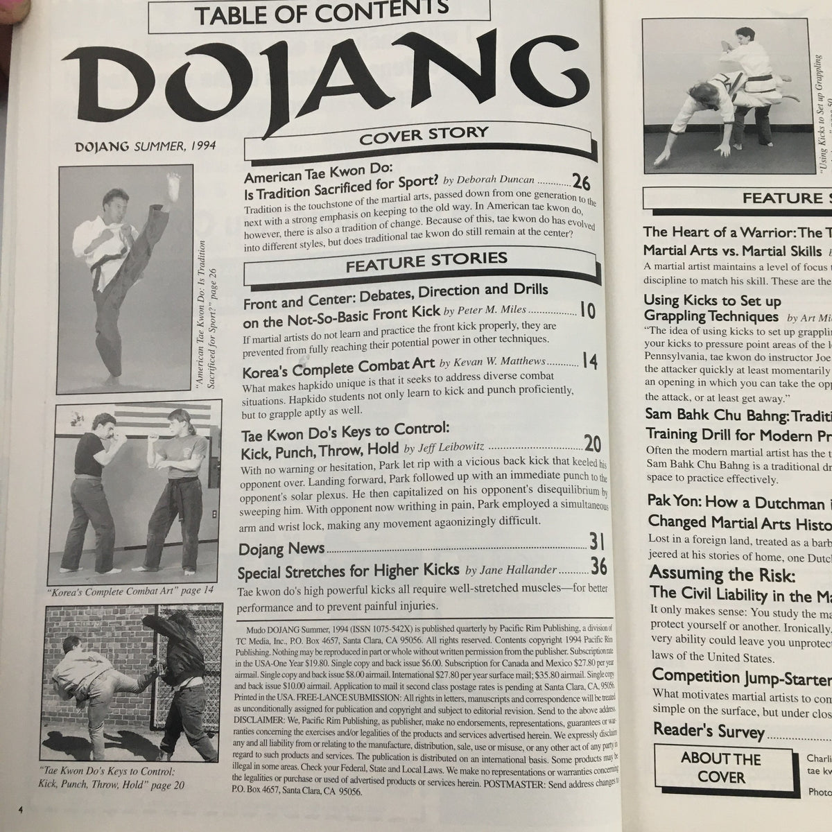 Table of contents page from Mudo Dojang Magazine Summer 1994, listing key articles including debates on martial arts training and techniques for higher kicks.