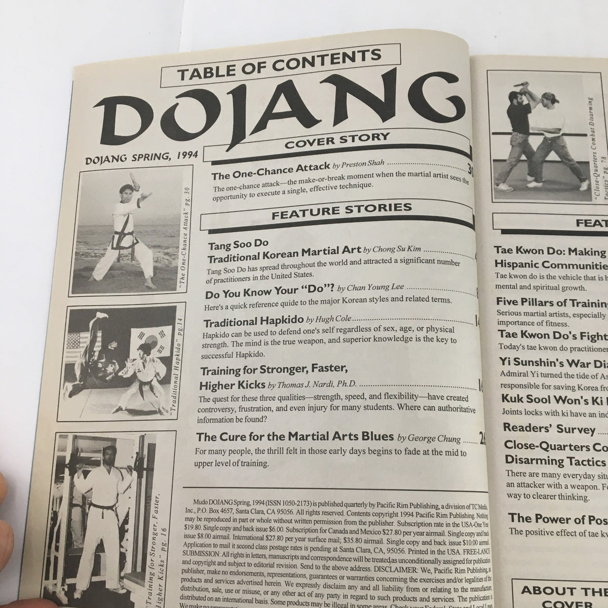 Table of contents page from Mudo Dojang Magazine Spring 1994, outlining featured stories on Tang Soo Do and martial arts training techniques.