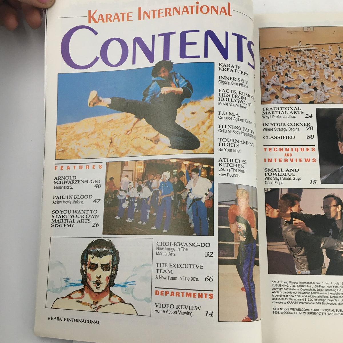 Table of contents from Karate International Magazine July 1991 featuring articles on Arnold Schwarzenegger, martial arts techniques, and interviews including Joe Lewis. A dynamic image illustrating martial arts action highlights the culture and contributions of key figures in the martial arts community.